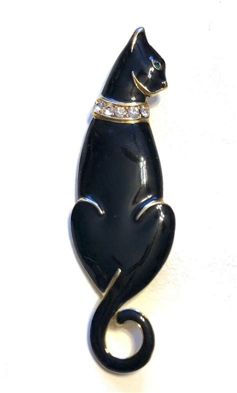 Trifari Black Enamel Cat Rhinestone Brooch Pin Ebay Trifari