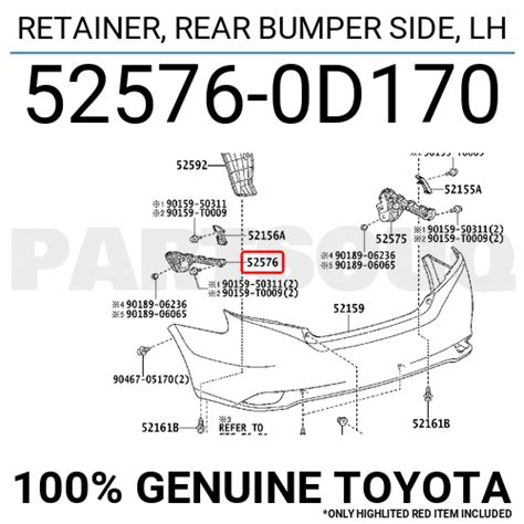 525760D170 Genuino Toyota RETENEDOR PARACHOQUES TRASERO LATERAL LH