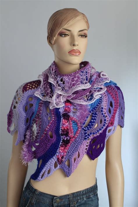 Sale Off Crochet Shawl Wrap Pink Purple Lilac Blue Chunky Freeform