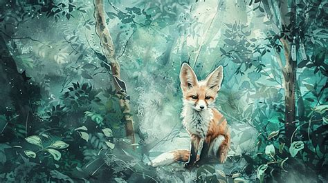 Ai Generated Cute Fennec Fox In The Middle Of The Forest Watercolor