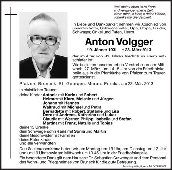 Traueranzeigen Von Anton Volgger Trauer Bz