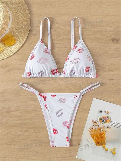 SHEIN Swim Event Women Lips Printed Bikini Set For Summer Vacation With