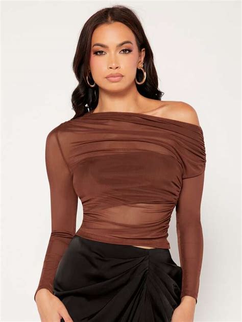 Shein Privé Asymmetrical Neck Ruched Mesh Top Shein Usa