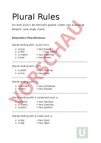 Arbeitsblatt Plural Rules Englisch Grammatik