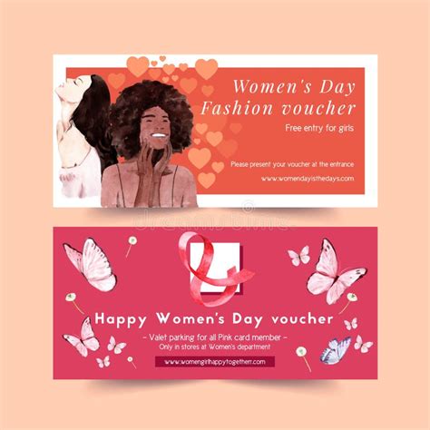 Women Day Voucher Design With Women Ribbon Butterfly Watercolor