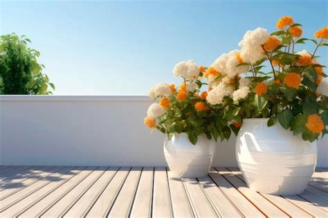 Premium Photo Flowers In White Pots On The Terrace Of The House