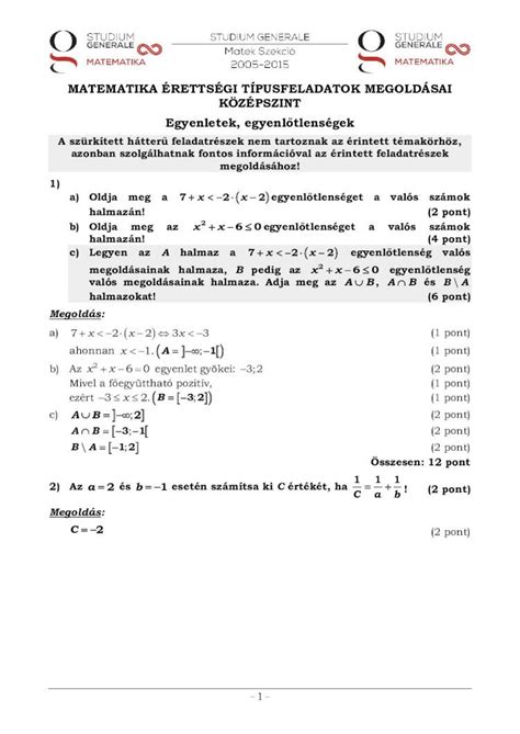 PDF MATEMATIKA ÉRETTSÉGI TÍPUSFELADATOK MEGOLDÁSAI 16 a Oldja meg