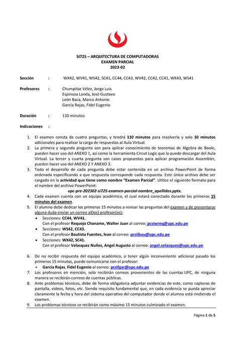 Examen Parcial SI 725 ARQUITECTURA DE COMPUTADORAS EXAMEN PARCIAL