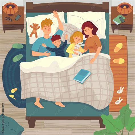 Children sleep in parents bed. Co-sleeping with child. Dad, mom and ...