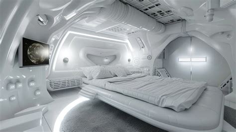 Bedroom in Spaceship, White Interior Design of Starship, Inside ...