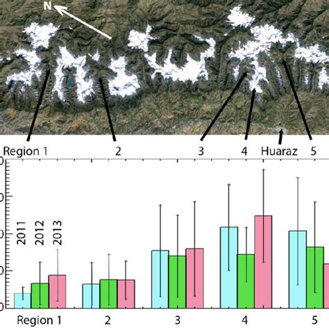 Google map image of the Cordillera Blanca mountain range. The five ...