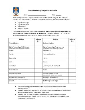 Fillable Online Preliminary Subject Choice Form Fax Email Print PdfFiller