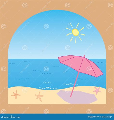 Beige Arch With Sea Beach And Umbrella Vector Summer Illustration For Vacation Stock Vector