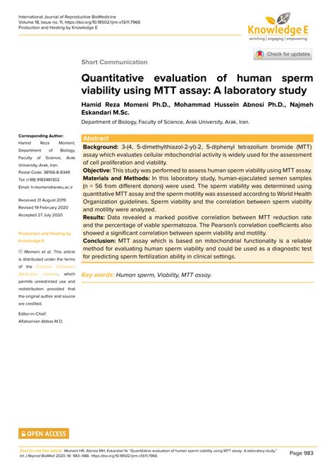 Pdf Quantitative Evaluation Of Human Sperm Viability Using Mtt Assay