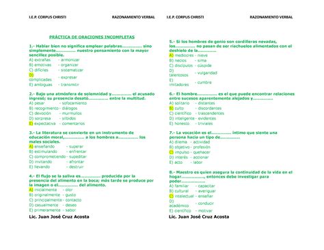 Pr Ctica De Oraciones Incompletas Resuelto I Corpus Christi
