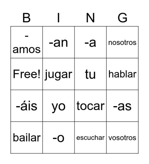 Ar Verbs Bingo Card