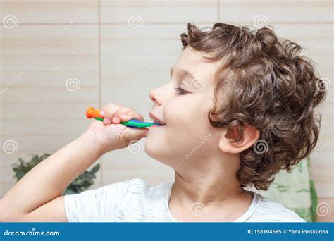 Joyeux Petit Garçon Se Brossant Les Dents Dans La Salle De Bain Devant