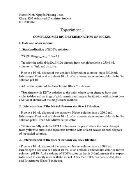 Lab Report Exp Summary Chemistry Name Ninh Nguy N Ph Ng Th O