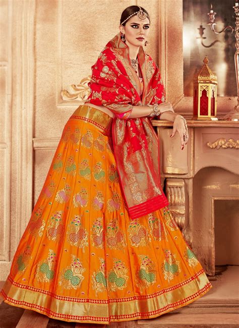 Buy Banarasi Silk Weaving Yellow Lehenga Choli 94928