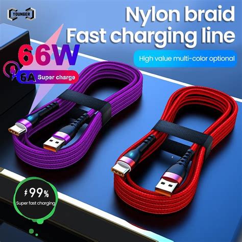 สายชาร์จเร็วมาก 66w พร้อมไฟ 6a สายชาร์จไนล่อนถัก Usb เป็น Type C สาย