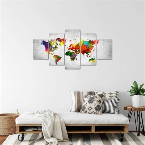 Carte Du Monde Tableau Murale Impression Sur Toile Intissee 5 Parties