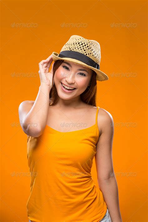 Fashionable Asian Woman Wearing Straw Hat Stock Image Everypixel