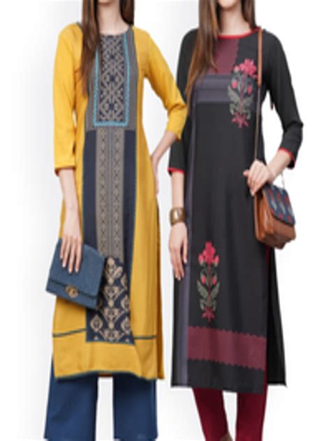 Buy Kalini Women Pack Of 2 Yellow And Black Ethnic Motifs Embroidered Crepe Kurtas Kurtas For