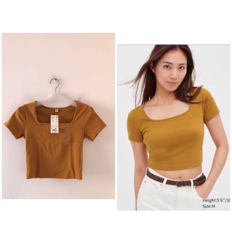 New Uniqlo T Shirt Crop Squarelengan Pendek Yellow Mustard S Fesyen