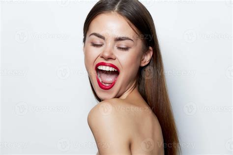 Girl Eyes Closed Mouth Wide Open Clear Skin Bare Shoulders 22642992