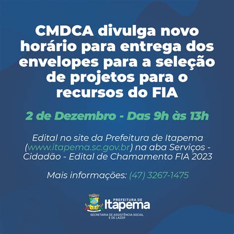 CMDCA divulga novo horário para entrega dos envelopes para a seleção de