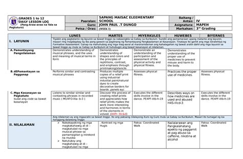 Grade 4 Dll Mapeh 4 Q3 Week 3 Grades 1 To 12 Daily Lesson Log Pang