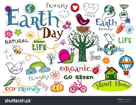 Earth Day Vector Set Doodles Inscriptions Stock Vector 137419286