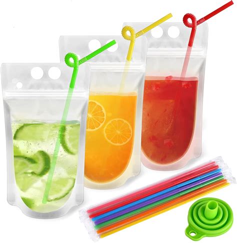 16 Oz Drink Pouches With Straw Funnel Set 100 Pc Clear Reusable Juice