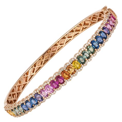 Colourful Precious Bangle Bracelet 18k Rose Gold Diamond Sapphires For