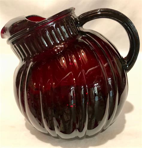 Antique Depression Glass Ruby Red Water Juice Pitcher With Ribbed