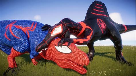 Miles Morales Spider Man Spinosaurus Vs All Large Spiderman Dinosaurs