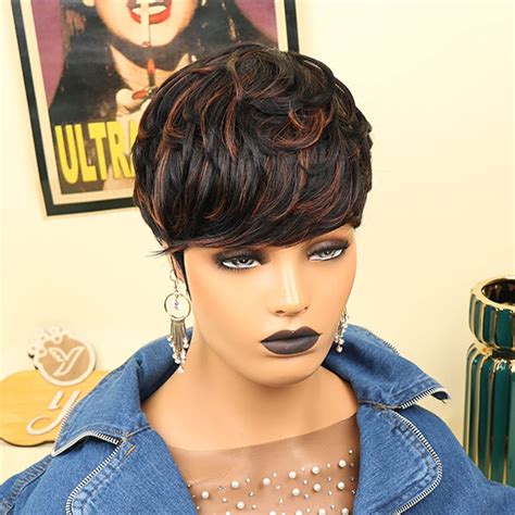 Yviann Pixie Cut Human Hair Wigs For Black Women Mixed Brown Color 33 Short