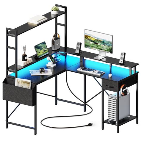 Huuger L Shaped Gaming Desk With Power Outlets Led Lights Computer