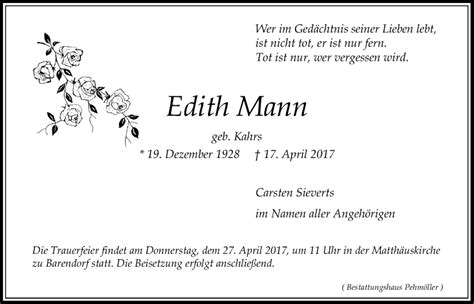 Traueranzeigen von Edith Mann Trauer Lüneburg de