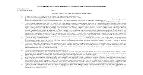 Affidavit For Deed In Lieu Of Foreclosure New York Ny For Deed In