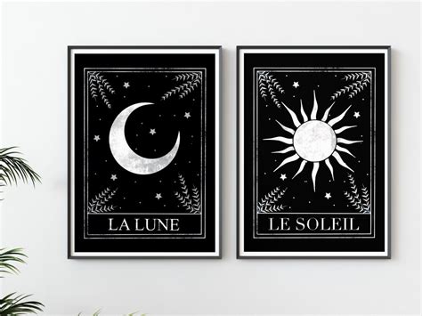 Set Of 2 Tarot Wall Art Black Celestial Art Prints Moon Etsy