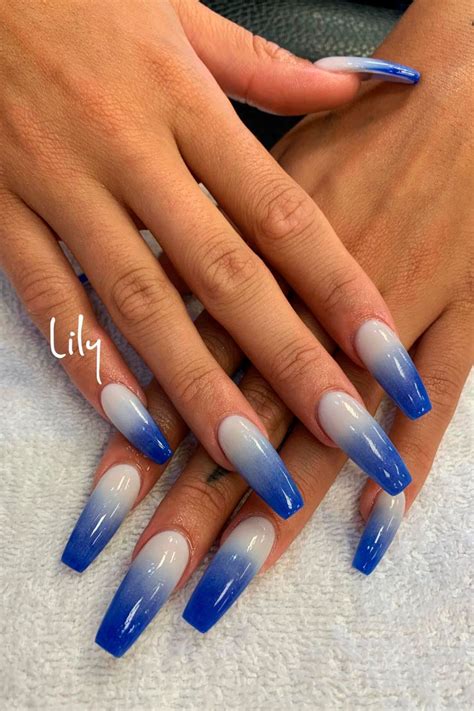 Blue And White Ombre Nails Coffin Shaped Long Blueombrenails