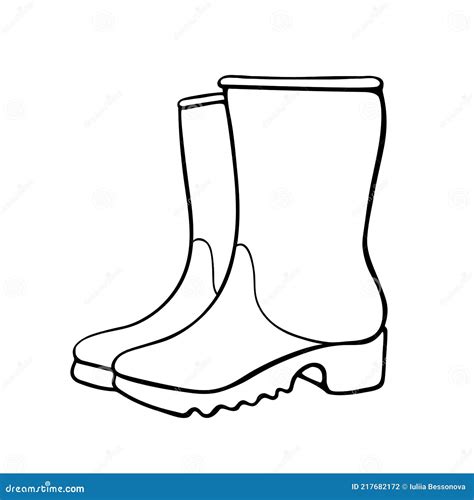 Vector Outline Rubber Rain Boots For Rainy Weather Or Gardening Hand