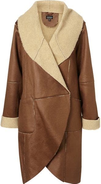 Topshop Bonded Faux Sheepskin Coat In Brown Biscuit Lyst