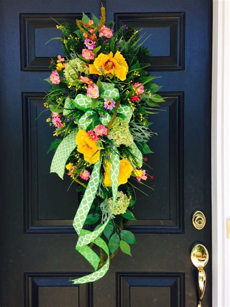 Beautiful Spring Door Swag With Yellow Poppies Green Viburnum And Daisies Diy Spring Wreath