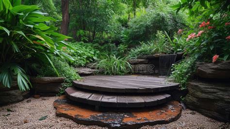 A Rustic Podium Nestled In A Lush Garden Harmonizing With Nature S