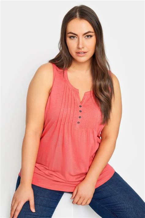 Yours Plus Size Pink Pintuck Henley Style Vest Top Yours Clothing