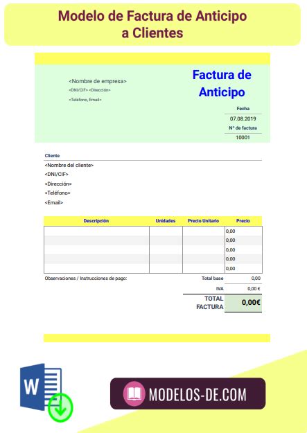Factura De Anticipo A Clientes En Word Y Excel Gratis