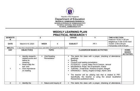 Wlp W Weekly Learning Plan For Pr Republic Of The Philippines