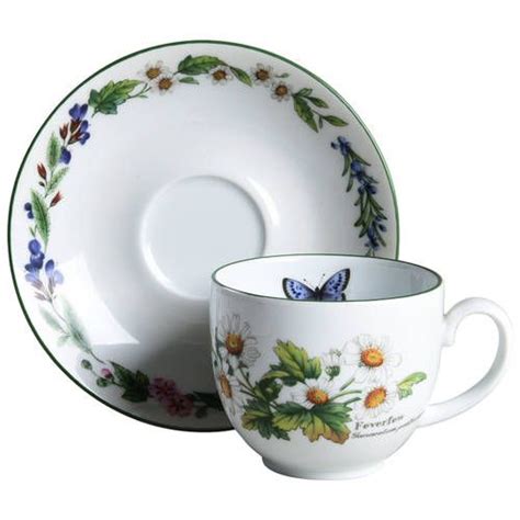 Worcester Herbs Green Trim Flat Cup Saucer Set By Royal Worcester